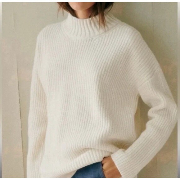 Sézane Emilia Size L Ecru Chunky Ribbed Split Back Mock Neck Sweater Jumper - Picture 2 of 10